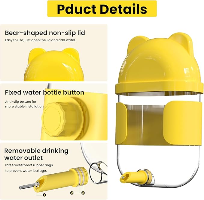 11 Fl Oz No Mess Hanging Water Dispenser,Leak-Proof Automatic Bird Water Feeder,Small Animal Water Bottle for Guinea Pigs,Chinchillas,Ferrets,Parrots,Squirrels,Rats,Bunnies (Yellow)