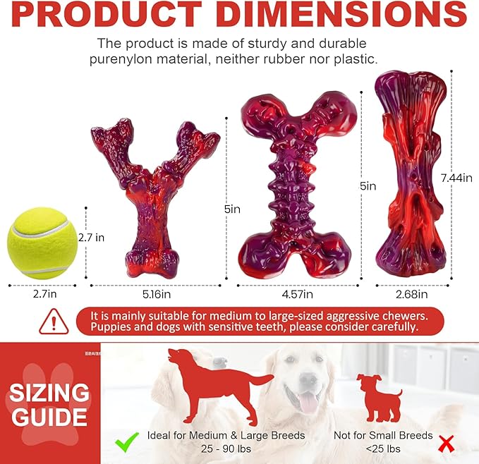 Kseroo Indestructible Dog Toys for Aggressive Chewers: 3-Pack Beef Flavored Hard Nylon Dog Chew Toys for Medium & Large Dogs(25-90lbs), Tough Super Chewer Dog Bones Toys to Keep Them Busy, Red