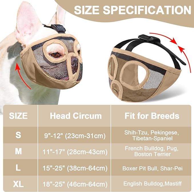Short Snout Dog Muzzles- Adjustable Breathable Mesh Bulldog Muzzle for Biting Chewing Licking Training Grooming Dog Mask (Khaki, X-Large/ 18"-25")