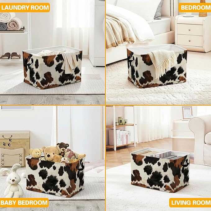 56L Cow Print Laundry Basket Clothes Hamper with Handles,Foldable Blanket Storage Large Laundry Hamper with Waterproof,Toy Storage Bin Organizer,Cube Clothes Organizer,Home Decor Gifts