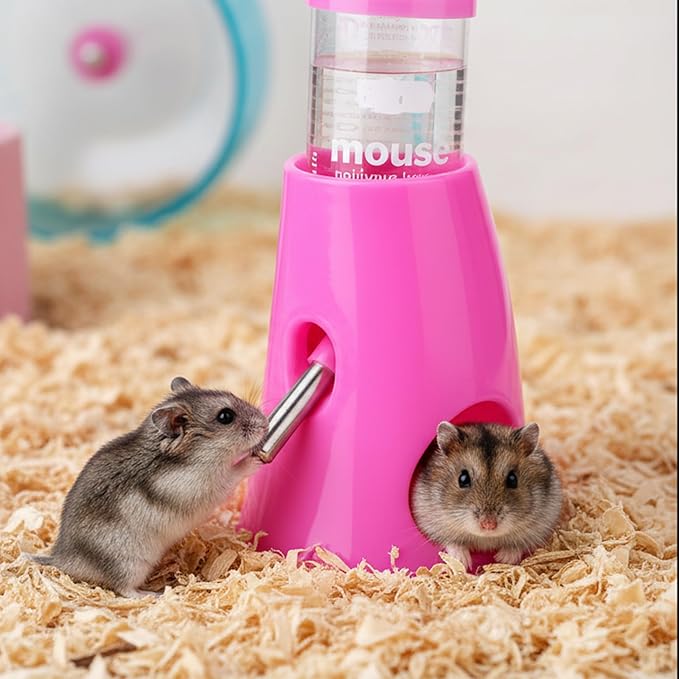Hypeety Hamster Water Bottle with Base Hamster Automatic Water Dispenser Cage Accessories for Dwarf Hamster Mouse Rat Hedgehog Guinea Pig 80ML (Pink, 80ml)
