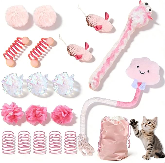 20 Pcs Cat Toy Pack Interactive Kitten Toy Set,Including Cute Catnip Chew Rope Springs Mice Crinkle Ball Furry Balls Toys for Indoor Cat,Pink Kitten Toys with Gift Bag