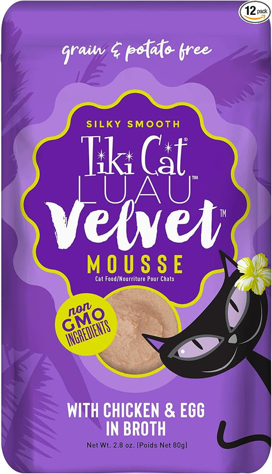 Tiki Cat Luau Velvet Mousse, Chicken & Egg in Broth, Complete Nutrition for Balanced Diet, Wet Cat Food For All Life Stages, 2.8 oz. Pouch (12 Count)