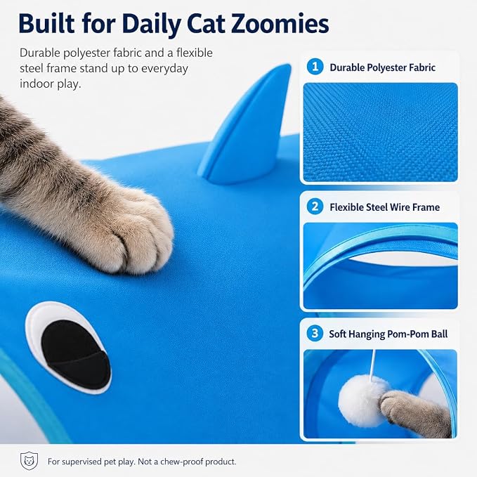 Blue Shark Cat Tunnel Toy, Collapsible Pop-Up Cat Play Tunnel with Interactive Hanging Ball & Storage Bag, Durable Polyester Interactive Cat Toy for Indoor Cats, Kittens