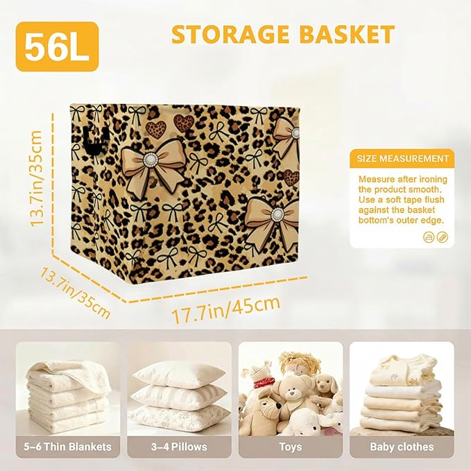 56L Leopard Print Bows Laundry Basket Clothes Hamper with Handles,Foldable Blanket Storage Large Laundry Hamper with Waterproof PE,Toy Storage Bin Organizer,Cube Clothes Organizer,Home Decor