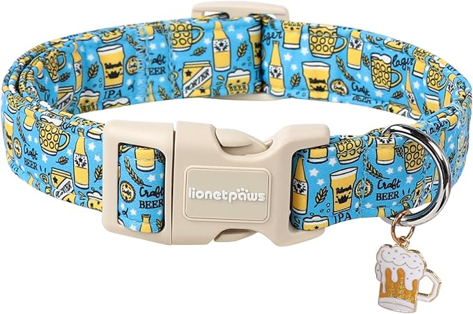 Lionet Paws Summer Dog Collar- Cute Beer Dog Collars with Plastic Buckle,Blue Yellow Light Adjustable Dog Collars for Medium Dogs
