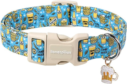Lionet Paws Summer Dog Collar- Cute Beer Dog Collars with Plastic Buckle,Blue Yellow Light Adjustable Dog Collars for Small Medium Dogs