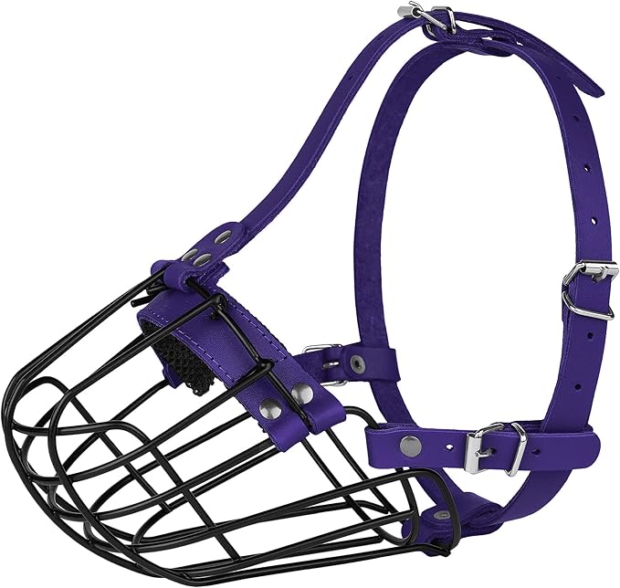 Pitbull Dog Muzzle Breathable Metal Basket for Large Dogs Amstaff Staffordshire Terrier Secure Wire Mask Adjustable Durable Leather Straps Biting Chewing Barking (Purple)