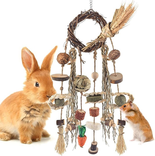 Bissap Bunny Chew Toy, Rabbit Cage Hanging Chewing Toy Treat Christmas Grapevine Wreaths Rattan Ring with Snack Water Grass for Guinea Pig Chinchilla Hamster Rat and Other Small Pet Teeth Grinding