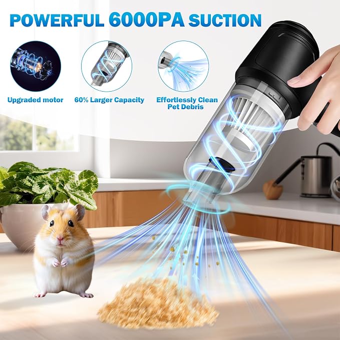 Guinea Pig Poop Vacuum: 6000Pa Powerful Suction, Cordless Handheld Spot Cleaning Tool for Guinea Pig, Rabbit, Hamster, Chinchilla & Small Animal Cages-Black