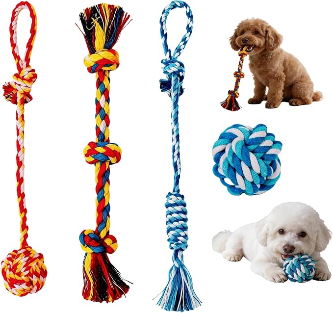 4-Pack Cotton Rope Dog Toys for Small-Medium Breeds, Puppy Teething Chews, Durable Tug-of-War & Fetch Toys for Indoor/Outdoor Play, Aggressive Chewers, Boredom Relief, Teeth Clean