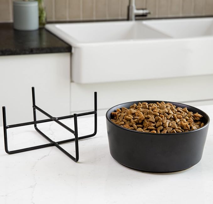 Waggo Simple Solid Dog Bowl and Dog Bowl Stand - Single Iron Stand with Single Ceramic Feeder or Water Bowl, Small or Large Dog Elevated Pet Feeder (Small, Matte Black)