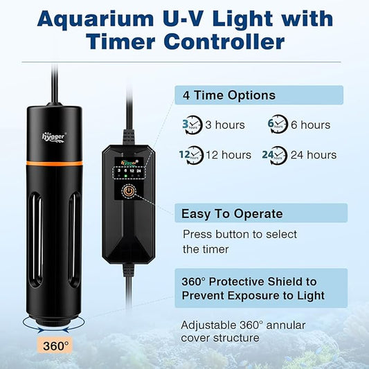 hygger 11W Aquarium U-V Light with Timer, 360° Protective Shield Clean Lamp for Green Water & Algae, Amphibian Small U-V Light for 60-180 Gal Freshwater & Saltwater Fish Tanks