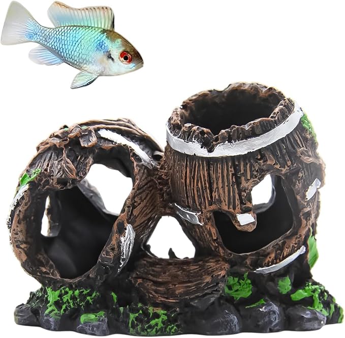 Aquarium Decoration Oak Barrel – 4.9 x 3.9 Inch Fish Tank Ornament Classic Wood Barrel with Holes for Small Fish Hiding, Durable Resin Structure, Easy to Clean and Maintain
