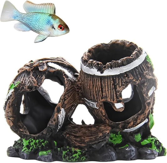 Aquarium Decoration Oak Barrel – 4.9 x 3.9 Inch Fish Tank Ornament Classic Wood Barrel with Holes for Small Fish Hiding, Durable Resin Structure, Easy to Clean and Maintain
