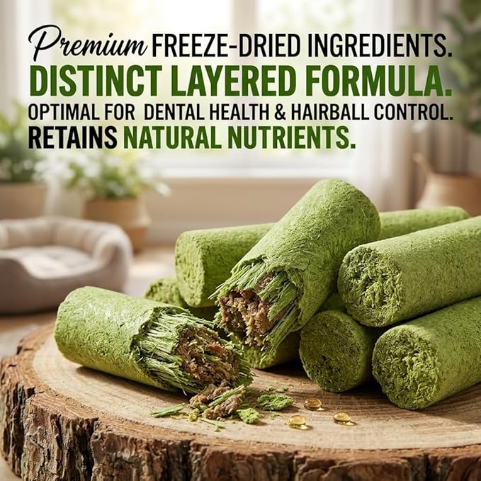 Freeze Dried Cat Grass Sticks, Hairball Relief Treats for Indoor Cats with Chicken & Fish Oil, Dental Teething Snacks for Digestion High Protein Catnip Alternative Pellets (2Pcs(24 Sticks))