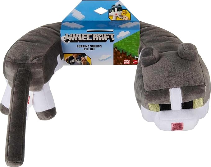 Mattel Minecraft Purring Sounds Neck Pillow, Cat Plush Toy with Sound for Travel, Comfort & Play (Amazon Exclusive)