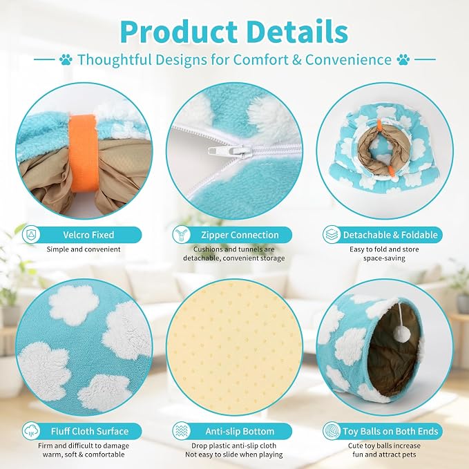 BWOGUE Bunny Tunnel Bed, 2-in-1 Collapsible Tunnel Tubes Toys with Removable Mat Hideout for Cats Kittens Rabbits Guinea Pigs Kitty (Clouds Blue)