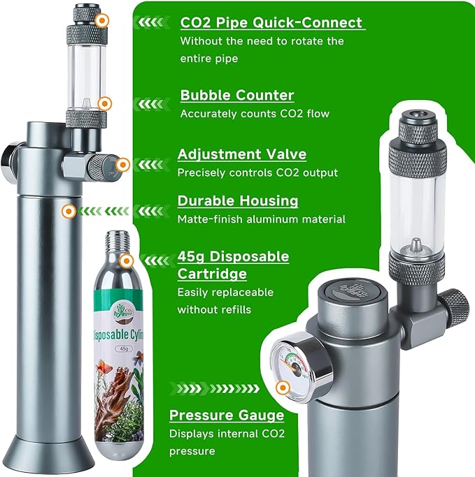 Complete Aquarium CO2 System, Desktop CO2 Regulator with 45g Disposable CO2 Cartridge, Compatible with 5/8" and 3/8" Threaded for Nano Aquariums