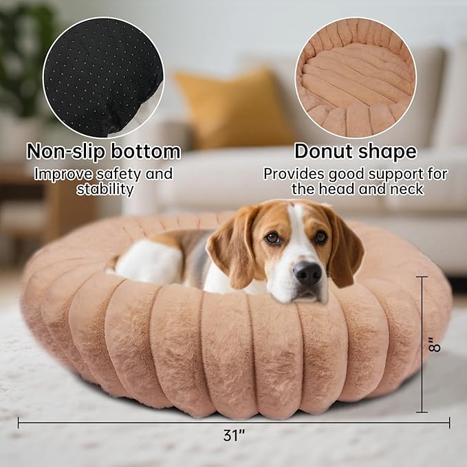 Donut Dog and Cat Bed, Luxurious Comfortable Faux Rabbit Fur Pet Beds, Round Anti-Anxiety Calming Puppy Kitten Bed with Anti-Slip Bottom for Small Medium Dogs & Cats(25", Brown)