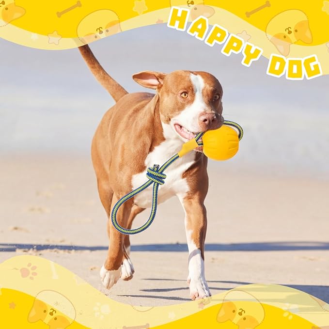Hsei 2 Pcs Large Dog Ball on a Rope Rubber Dog Toy with Handle Ball Yellow Floats in Water for Tug Training Rewards Interactive Pet Fetch Catch Throw Outdoor Puppy Teething Medium Pet