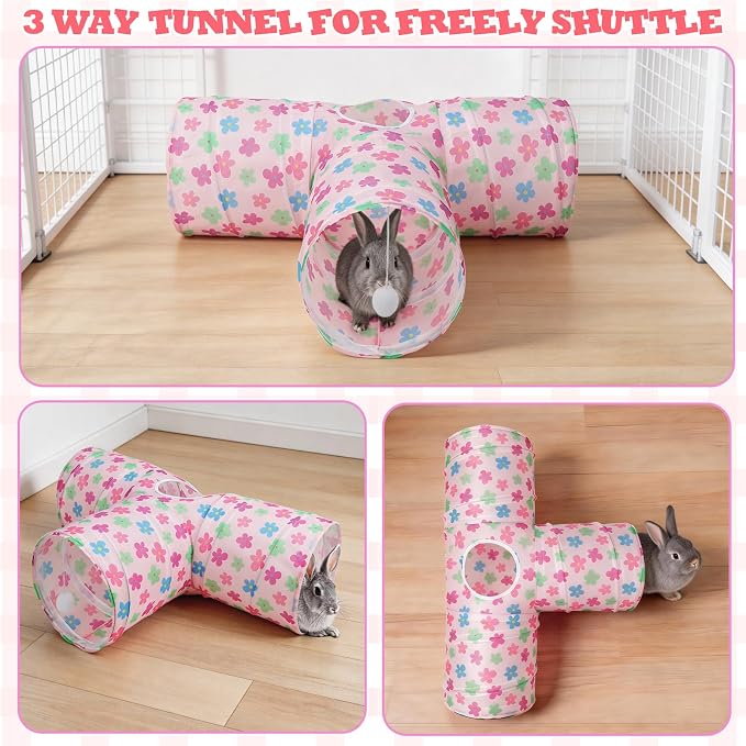 BWOGUE Bunny Tunnels & Tubes Collapsible 3 Way Bunny Hideout Small Animal Activity Tunnel Toys for Dwarf Rabbits Guinea Pigs Kitty
