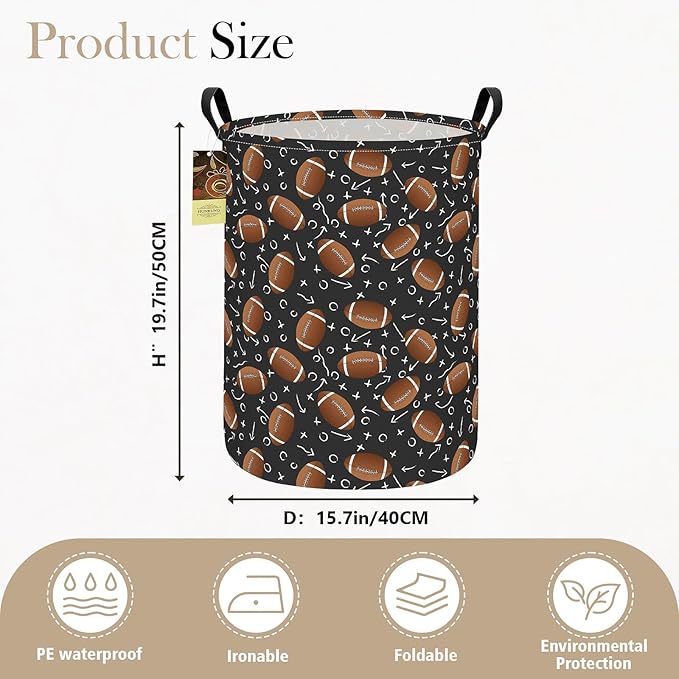 Collapsible Fabric Storage Basket, Waterproof Laundry Hamper with Handles, Round Storage Bin for Clothes Toys, Foldable Organizer for Bedroom Nursery Bathroom(Round-Rugby)