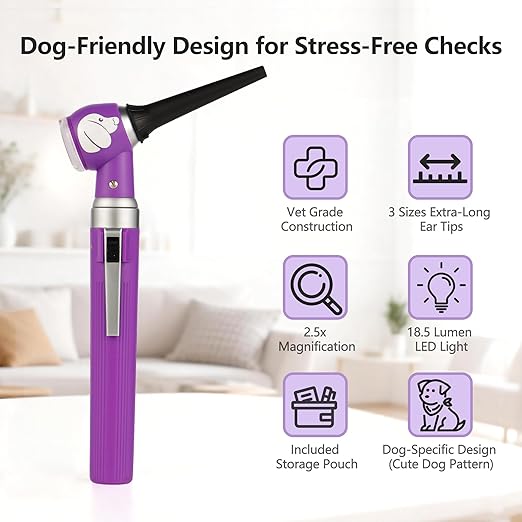 Pocket Veterinary LED Otoscope - Pet Ear Scope with Light for Dogs & Cats, 6 Disposable Tips (4/6/9mm), Portable Ear Infection Detector (Purple)