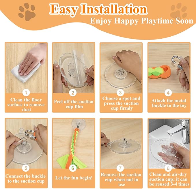 Suction Cup Dog Toys for Small Medium Dogs, Tug of War Rope Toy for Puppy Teething, Interactive Enrichment that Sticks to Floor for Indoor Play (2 Colorful Ropes)