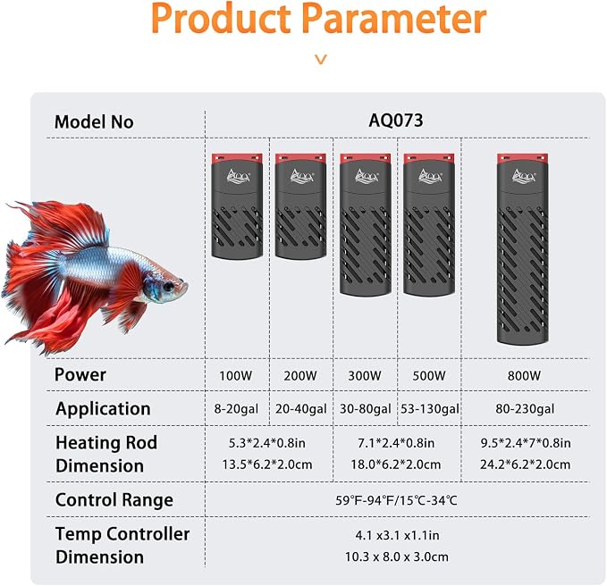 AQQA PTC Aquarium Heater 200W for Fish Tank 20-40 Gallon Digital Thermostat with External Controller Temp Range 59-94℉ with Overheat & Out-of-Water Auto Shut-Off Protection (200W for 20-40Gal)