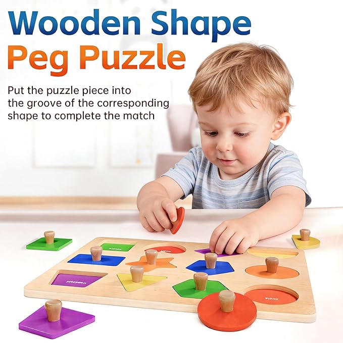 Wooden Shape Peg Puzzles for Toddlers 1 2 3 Year Old Boys Girls Gifts: Shape Sorter & Color Match Baby Puzzles 12-18-24 Months - Montessori Toys for 1 2 3 Year Old Toddler Learning Activities