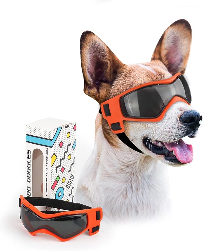 PETLESO Dog Goggles for Small to Medium Breed, Anti-UV Dog Sunglasses Outdoor Riding Driving Hiking, Pet Glasses Windproof Anti-Fog Dustproof Snowproof, Adjustable Straps, Medium Orange