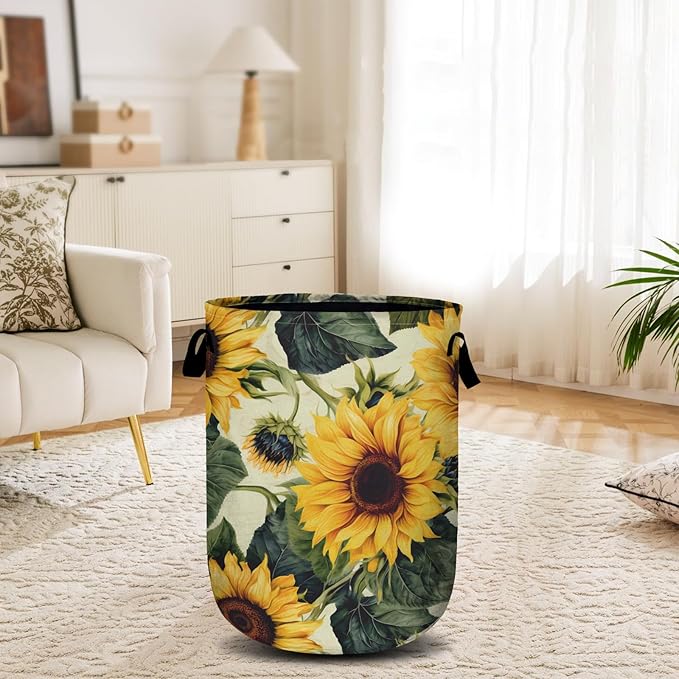 Retro Sunflower Laundry Basket, Floral Laundry Hamper Collapsible Oxford Cloth with Handle Clothes Storage Bin for Bathroom Laundry Room Bedroom 15.7 X 20 Inch