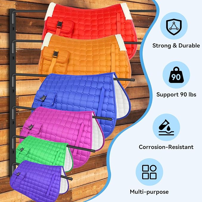 Heavy Duty Saddle Pad Rack, 180° Swing-Out Horse Blanket Holder with 6 Extra-Long Arms, Wall Mounted Tack Storage for Stable & Garage