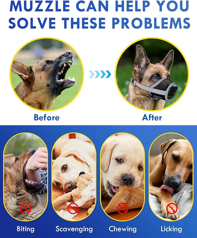 Dog Muzzle, Soft Air Mesh Muzzles for Small Sized Dogs, Breathable Dog Mussels for Scavenging Biting Licking & Barking, Adjustable Mouth Guard for Grooming, Allows Panting and Drinking (Grey,S)