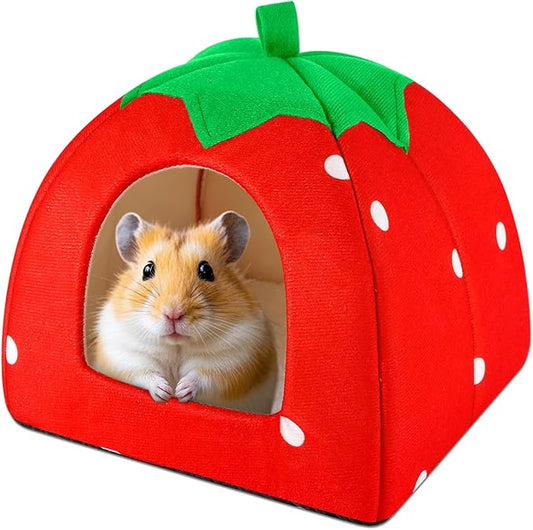 Guinea Pig Hideout Warm Fleece Small Animal Bed Washable Pet Cushion Winter Warm Sleeping Nest for Hamster Rabbit Chinchilla(Strawberry Style)