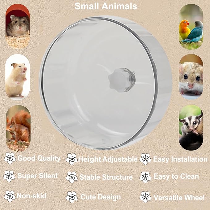 Hamster Wheel, Silent Running Exercise Wheel with Adjustable Stand for Hamster Guinea Pig Gerbil Hedgehog Small Animal Cage Accessories (Clear, 6.5inch)