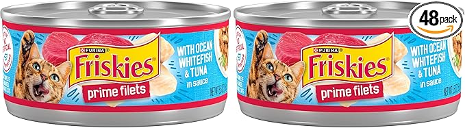 Friskies Purina Prime Filets with Ocean Whitefish and Tuna in Sauce High Protein Wet Cat Food - 5.5 oz. Cans (Pack of 48)