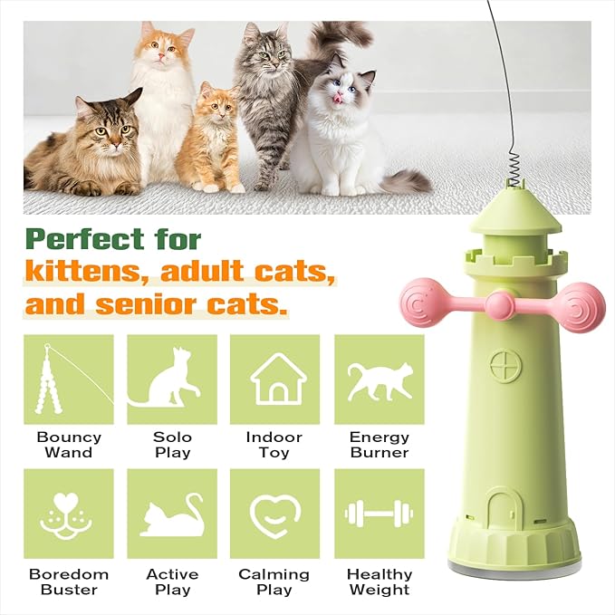 Interactive Cat Toy for Indoor Cats, Suction Cup Cat Wand Toy with 2 Play Modes, Self-Play Enrichment Cat Toy, Enhanced Suction Cup, Boredom Relief & Exercise for Cats (Apple Green)