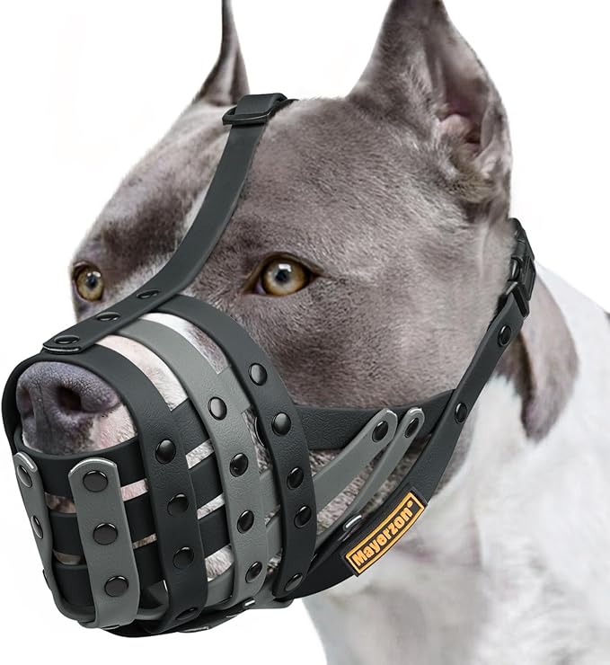 Mayerzon Pitbull Muzzle, Lightweight Basket Muzzle for Large Medium Dogs Rottweiler Amstaff to Prevent Biting Eating, Safe for Grooming Vet Visits Training, Allows to Pant Drink, Adjustable & Sturdy