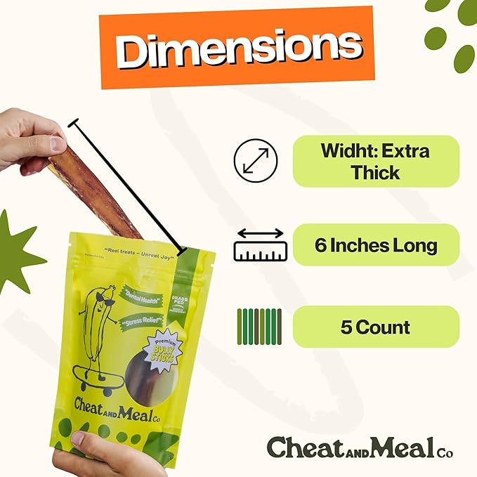 Bully Sticks for Large Dogs - Chew Toys for Aggressive Chewers, Thick 6 Inch (5 Count), 100% Grass-Fed, Single Ingredient, Rawhide-Free, Free Range and Very Long Lansting