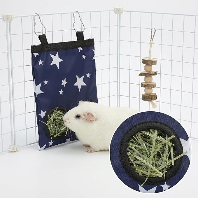 2Pcs Guinea Pig Hay Feeder, Hanging Rabbit Hay Feeder Durable Washable 2-Hole Hays Dispenser for Guinea Pigs Bunnies Chinchillas, Star＋Daisy