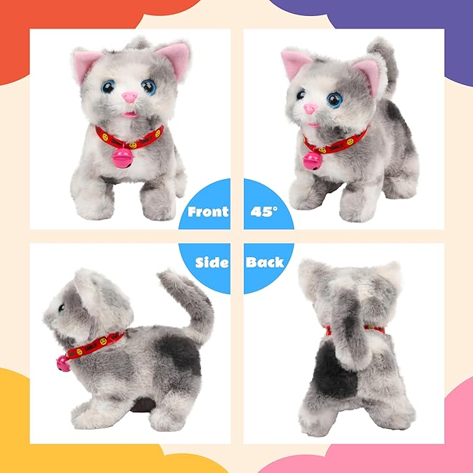 Walking Grey Cat Stuffed Animal Talking Wagging Nodding Educational Plush Kitty Toy Electric Interactive Animated Plushies for Girls Boys Birthday, 7"