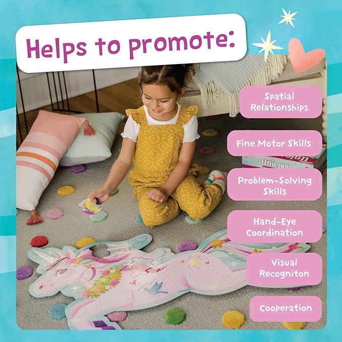 Peaceable Kingdom Shimmery Unicorn Floor Puzzle - 44-Piece Giant Floor Puzzle for Kids Ages 3 & up - Fun-Shaped Puzzle Pieces - Great for Classrooms