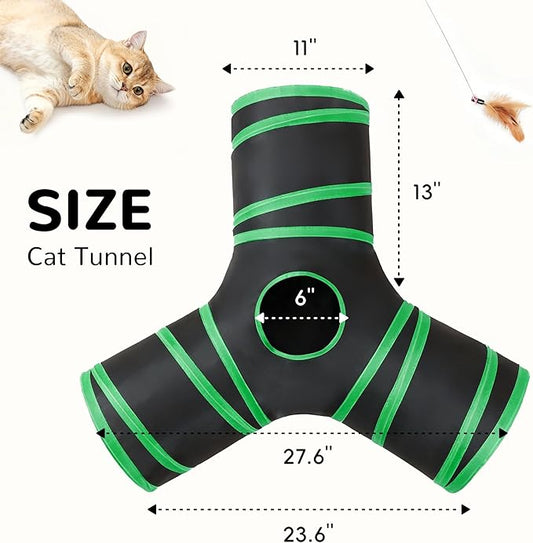 Tempcore Cat Tunnel for Indoor Cats, 3-Way Collapsible Play Tunnel with Teaser Wand, Peek Holes & Toy Ball, Small Pet Toy for Kittens & Rabbits, Black & Green