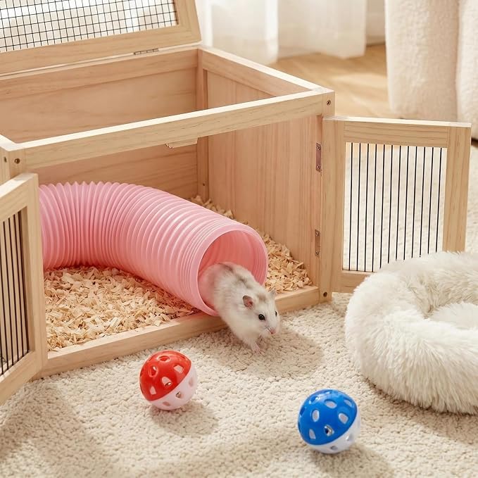 Hamster Collapsible Tunnel Tube Toys with 4 Bell Balls, Expandable Small Animal Hideout Exercise Toy 7.8inch Unextended 32.7inch Extended for Guinea Pig Gerbil Rat Ferret (Pink)
