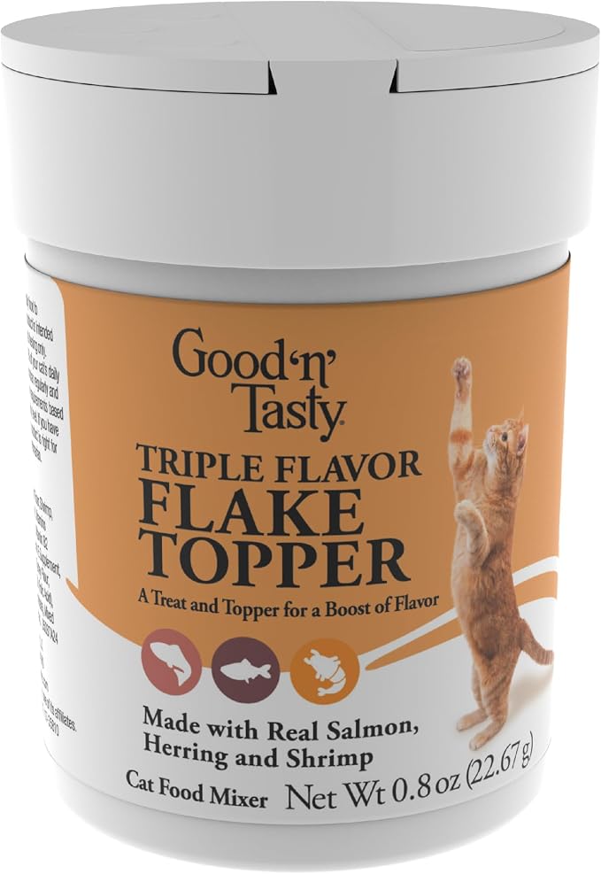 Good 'n' Tasty Triple Flavor Flake Topper & Treat for Cats, 0.8 Ounces, Cat Food Mixer Made with Real Alaskan Salmon, Herring and Shrimp, Complements Daily Diet