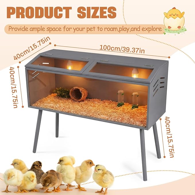 CroBlissful 40 x 16 x 16 in Brooder Kit Box for Chicken Quails Indoor Outdoor with Leg Stand Sliding Door, Bulb Set and Feeder, Baby Chicken Coops for Ducks, Hamsters, Lizards, Mice, Rat(Grey)