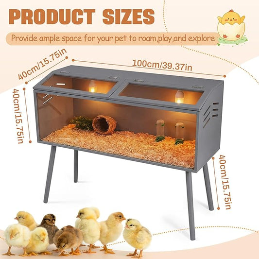 CroBlissful 40 x 16 x 16 in Brooder Kit Box for Chicken Quails Indoor Outdoor with Leg Stand Sliding Door, Bulb Set and Feeder, Baby Chicken Coops for Ducks, Hamsters, Lizards, Mice, Rat(Grey)