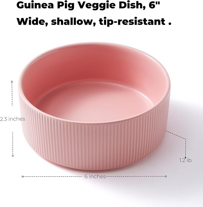 Guinea Pig Vegetable Bowl, Pink Ceramic 6 Inch Heavyweight Non-Tip Small Animal Food & Water Bowl – Wide Shallow Veggie Dish (~20 fl oz) for Chinchilla Rabbit Ferret